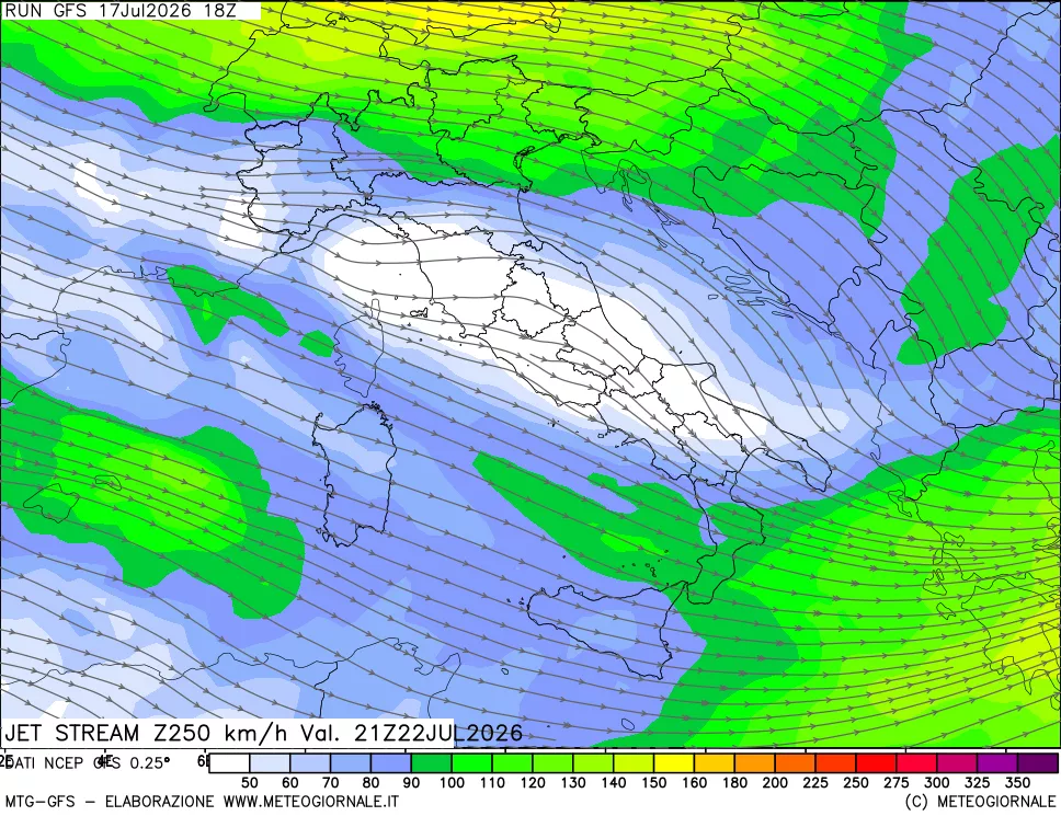 mappa 250 hPa Jet stream