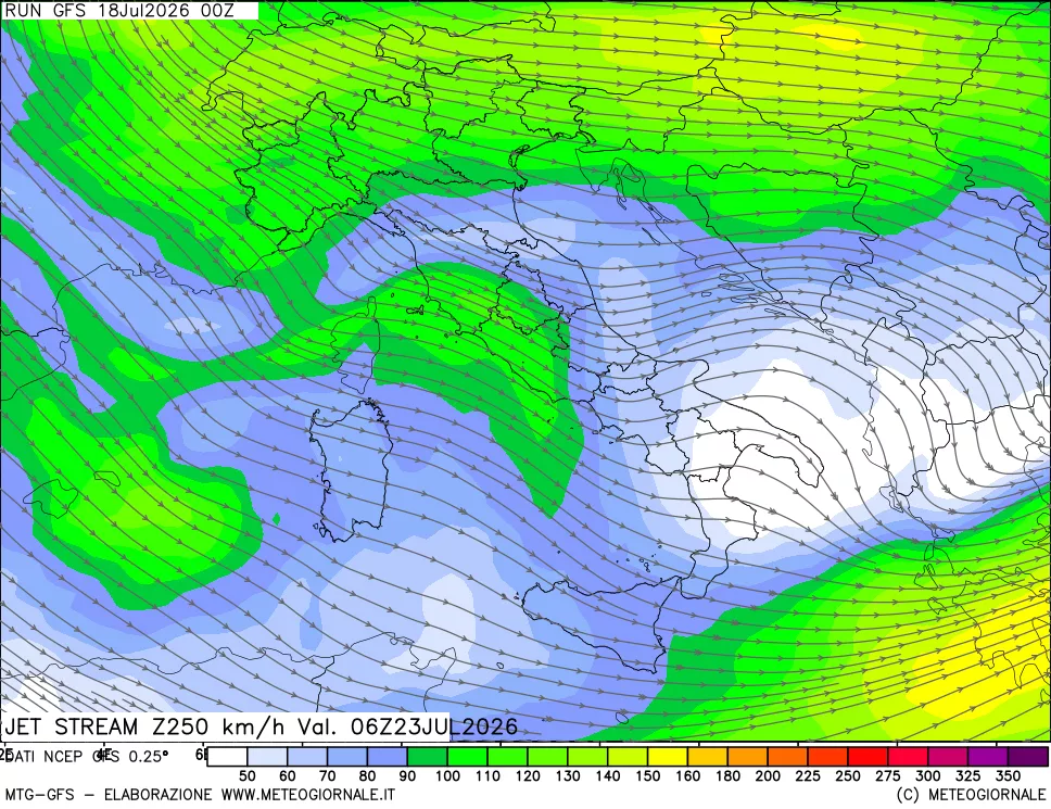 mappa 250 hPa Jet stream