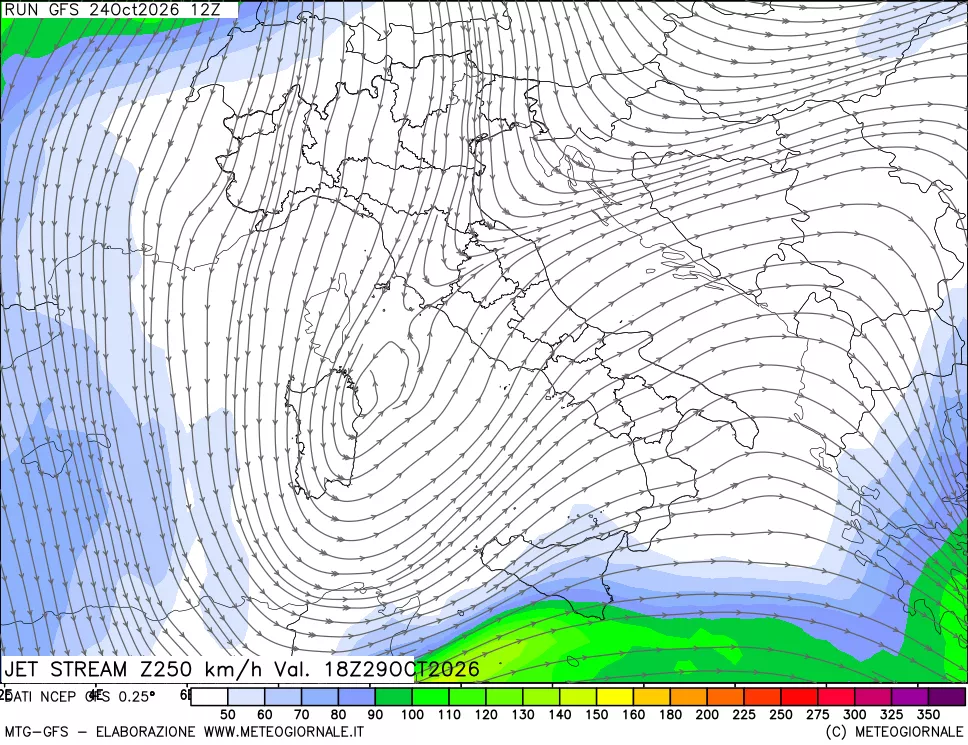 mappa 250 hPa Jet stream