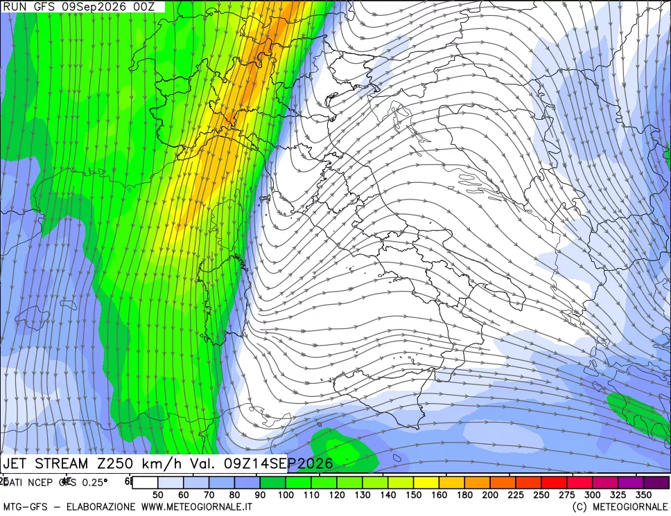 mappa 250 hPa Jet stream