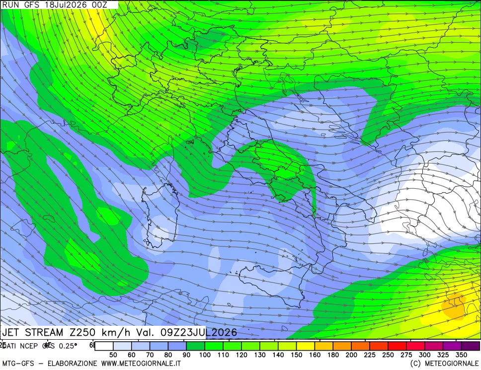 mappa 250 hPa Jet stream
