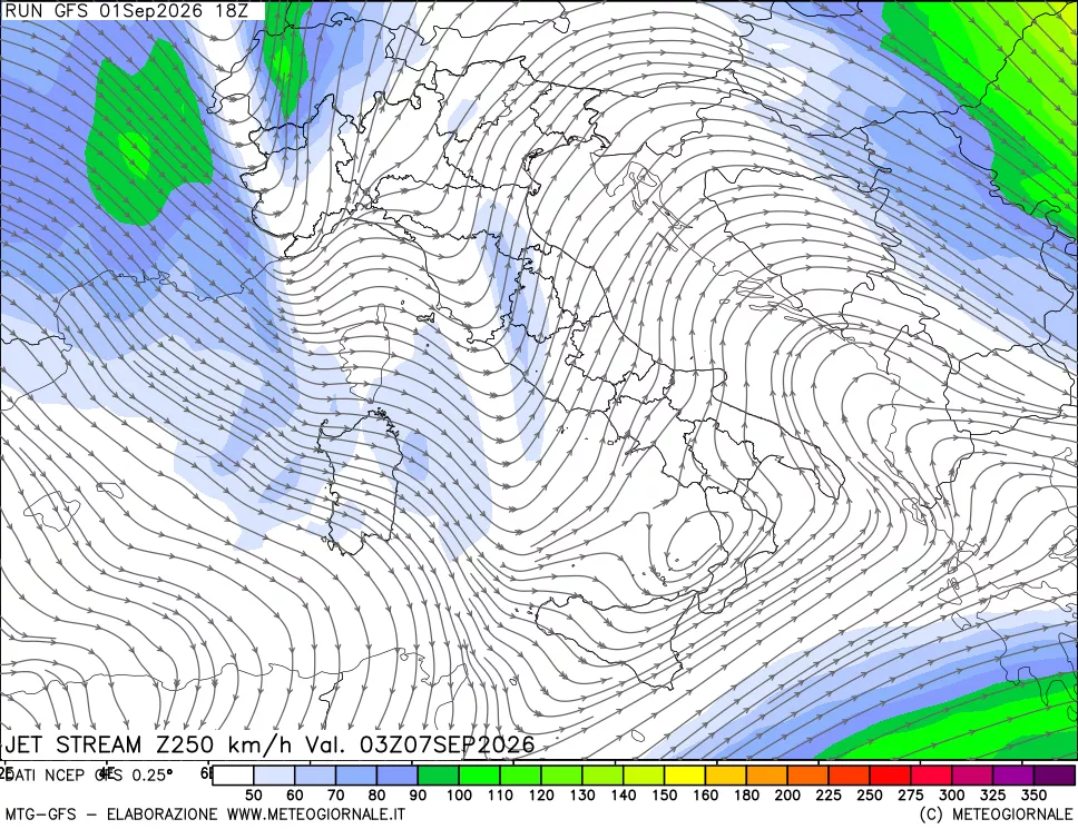 mappa 250 hPa Jet stream