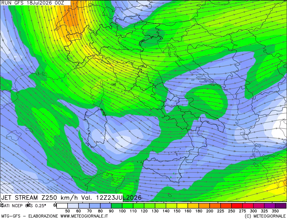 mappa 250 hPa Jet stream
