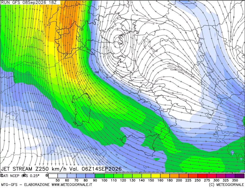 mappa 250 hPa Jet stream