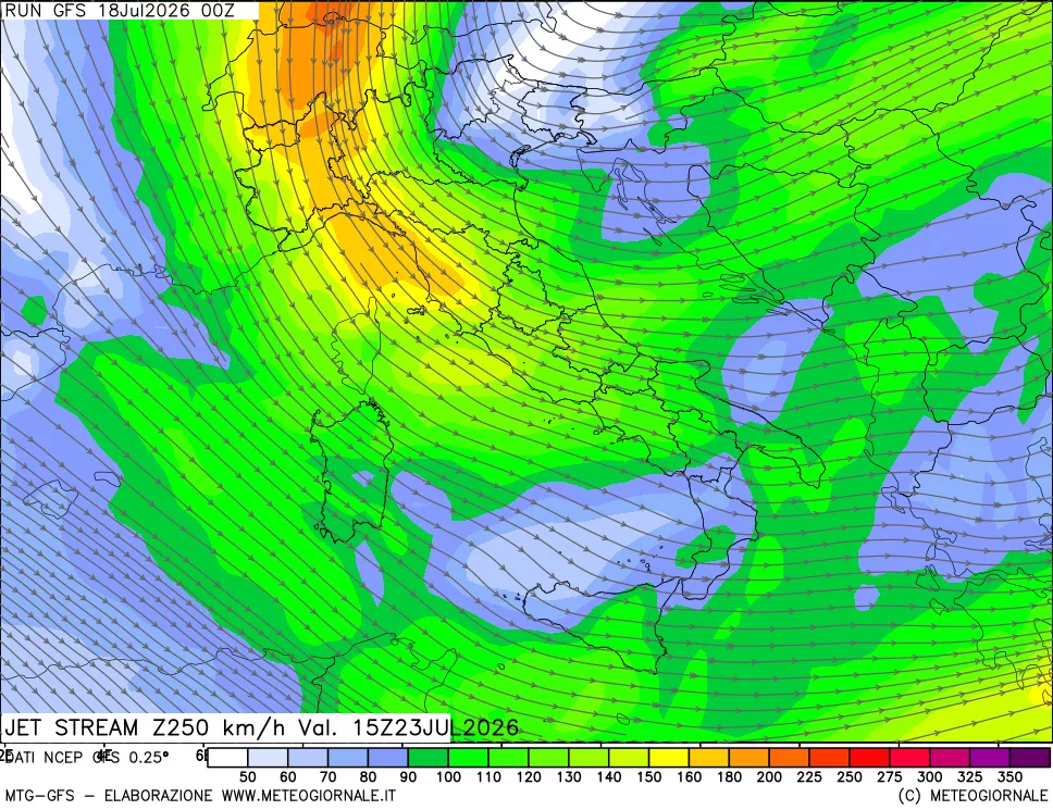 mappa 250 hPa Jet stream