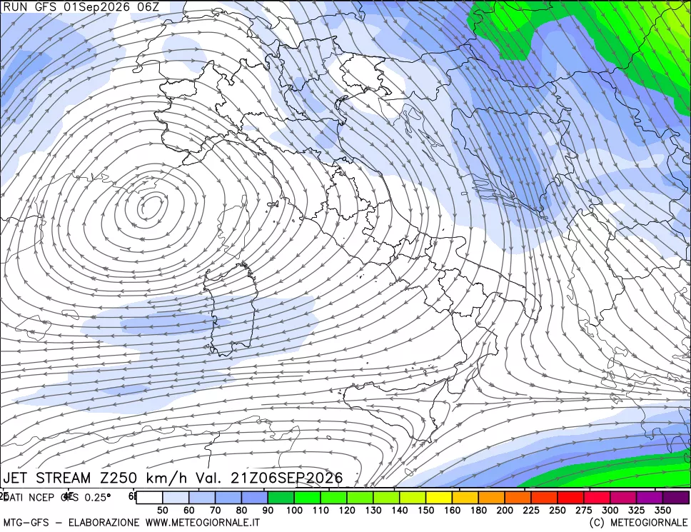 mappa 250 hPa Jet stream