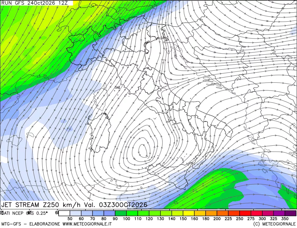 mappa 250 hPa Jet stream