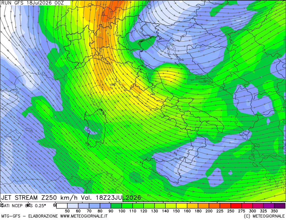 mappa 250 hPa Jet stream