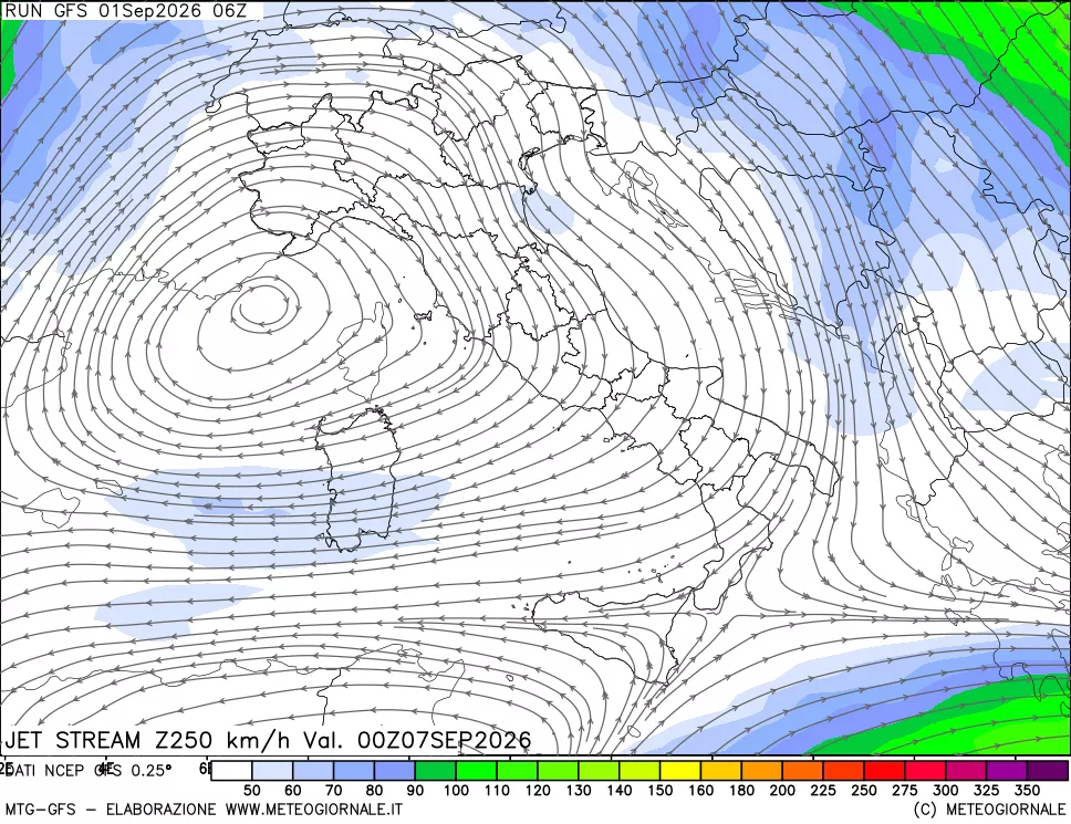 mappa 250 hPa Jet stream