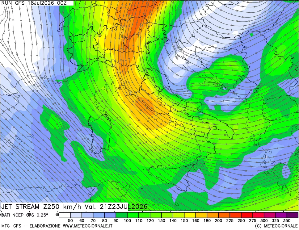 mappa 250 hPa Jet stream