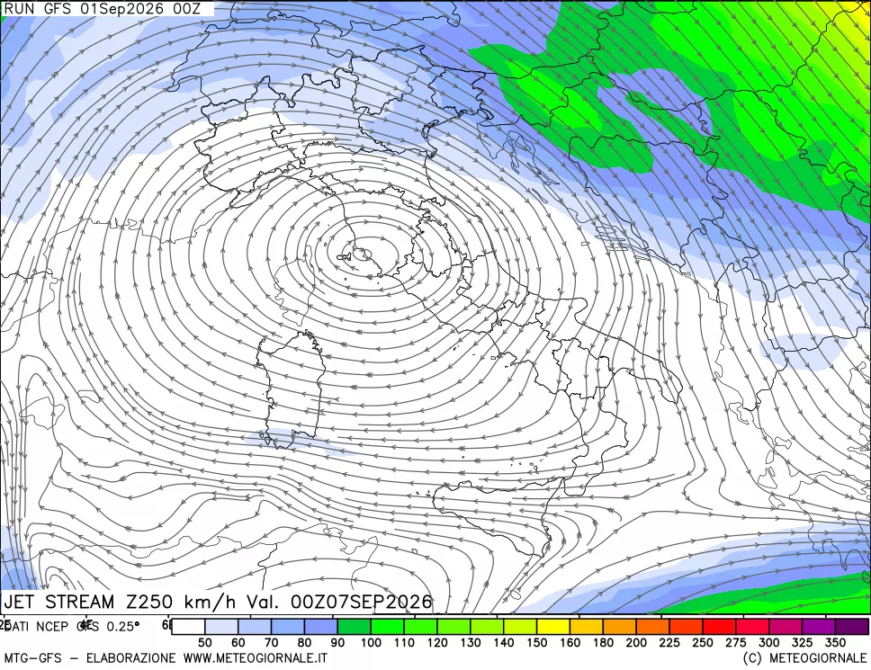 mappa 250 hPa Jet stream
