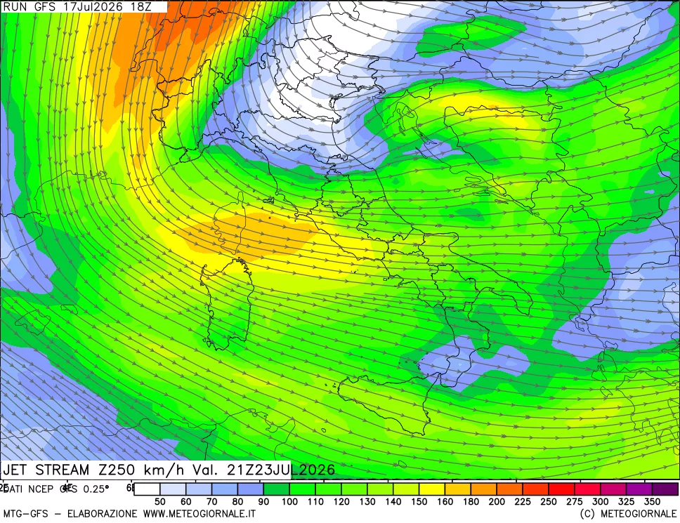 mappa 250 hPa Jet stream