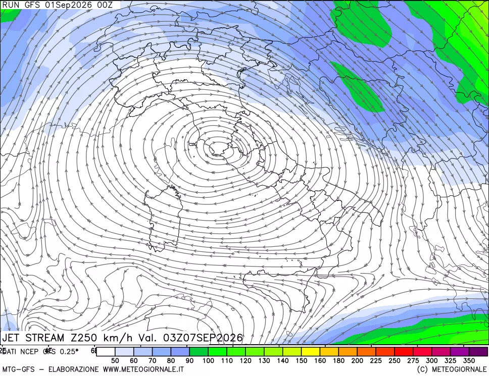 mappa 250 hPa Jet stream