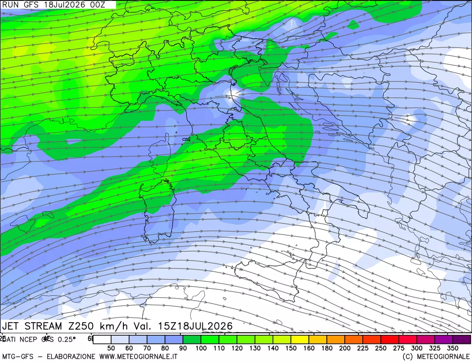 mappa 250 hPa Jet stream