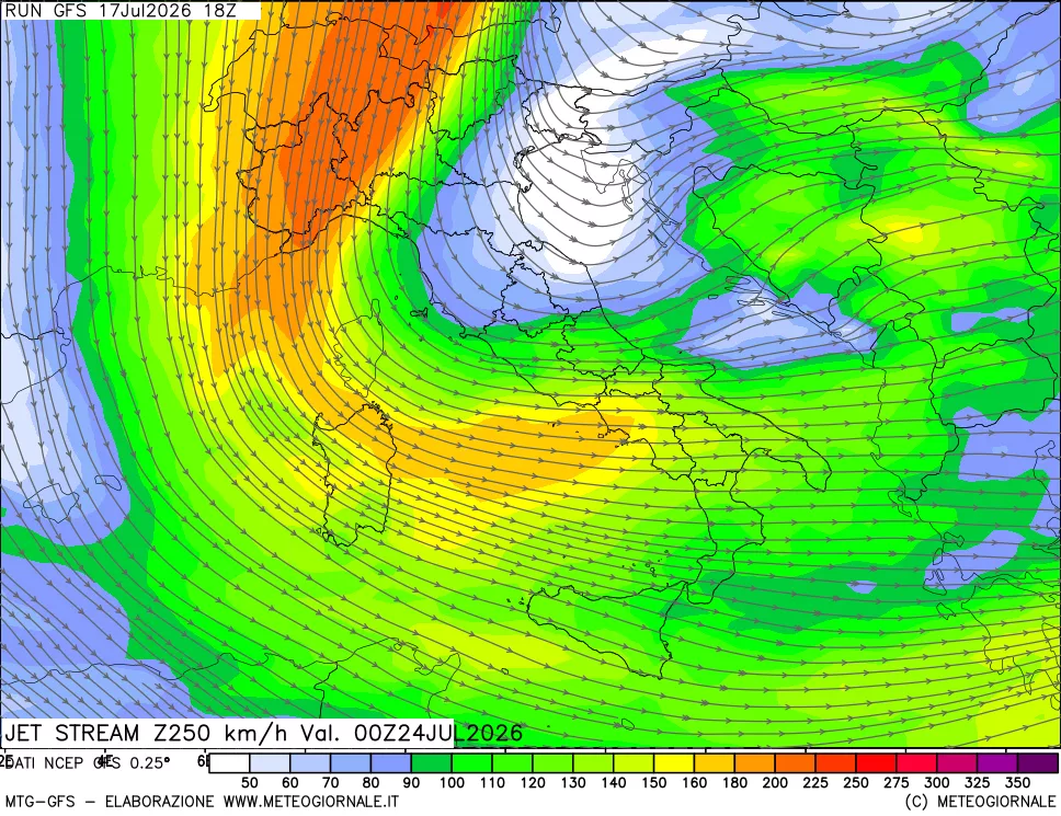 mappa 250 hPa Jet stream