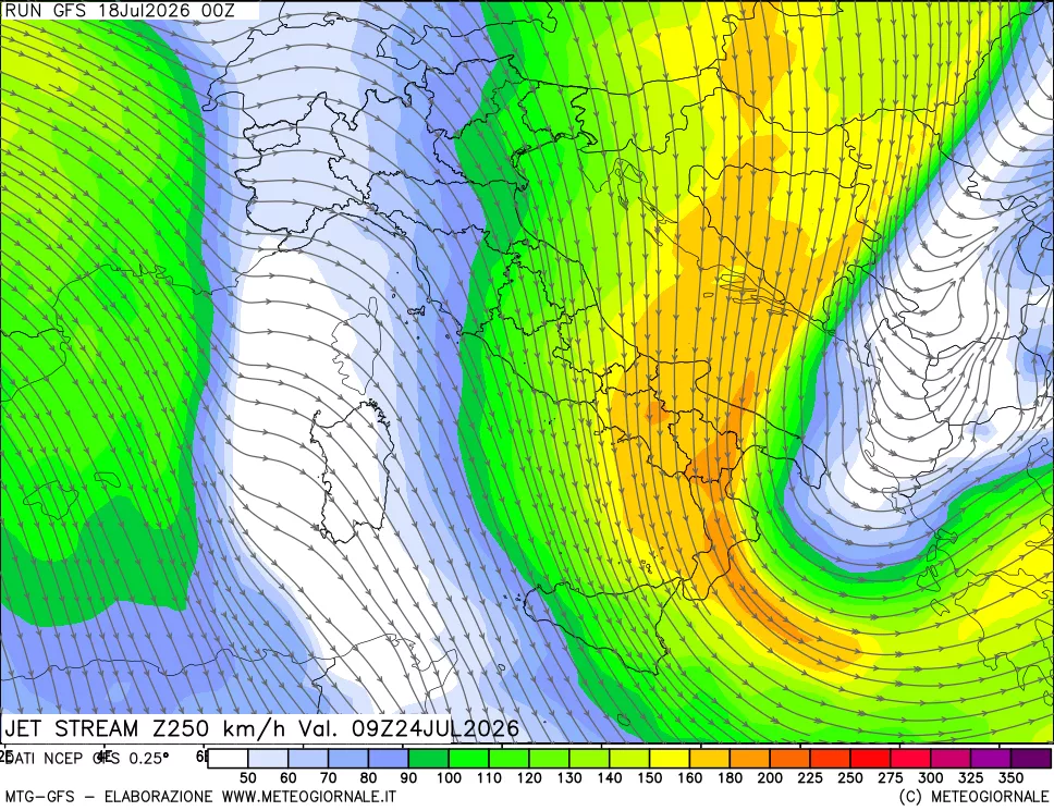 mappa 250 hPa Jet stream