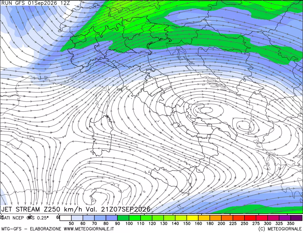 mappa 250 hPa Jet stream