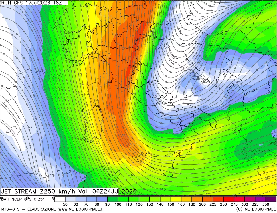 mappa 250 hPa Jet stream