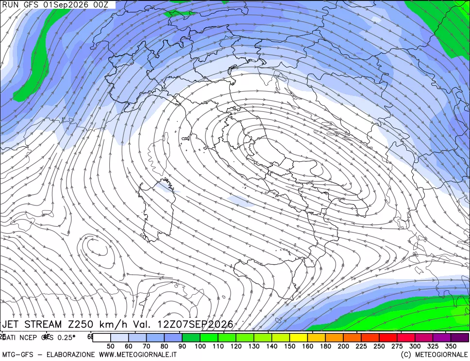 mappa 250 hPa Jet stream