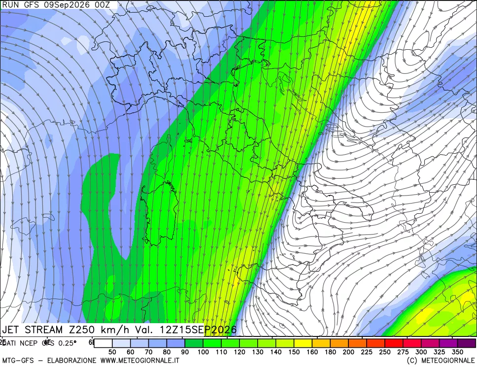 mappa 250 hPa Jet stream