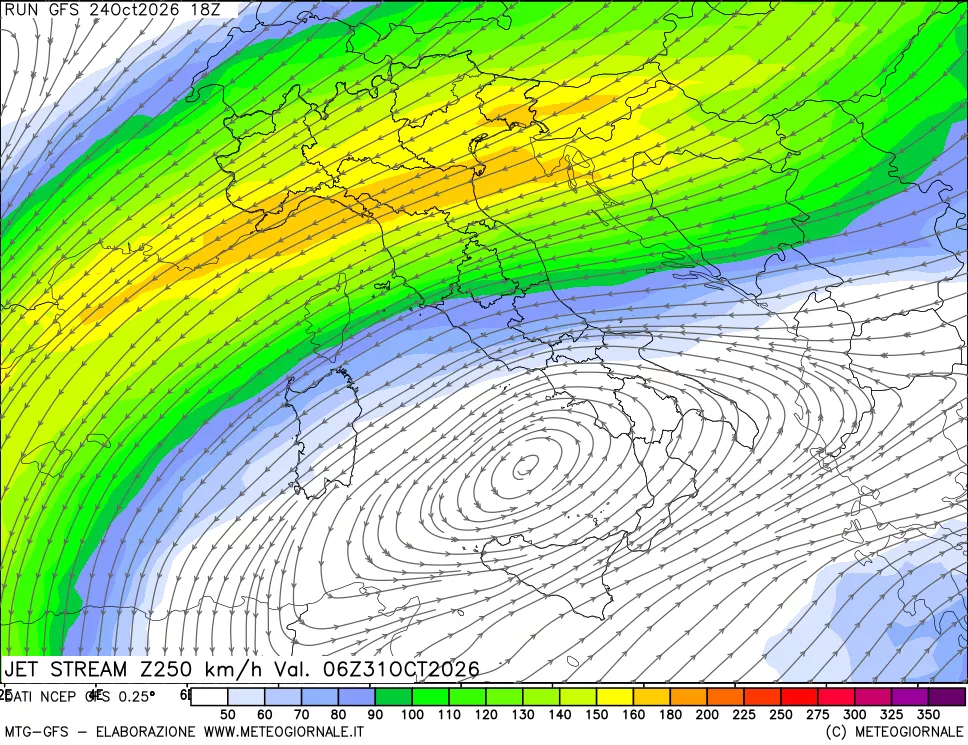 mappa 250 hPa Jet stream