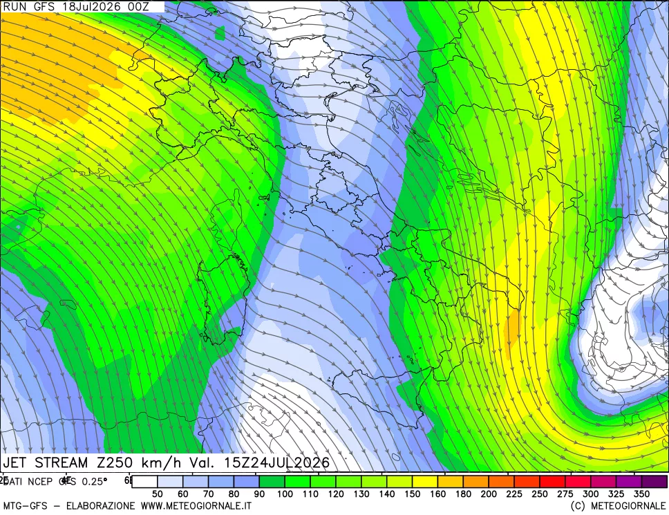 mappa 250 hPa Jet stream