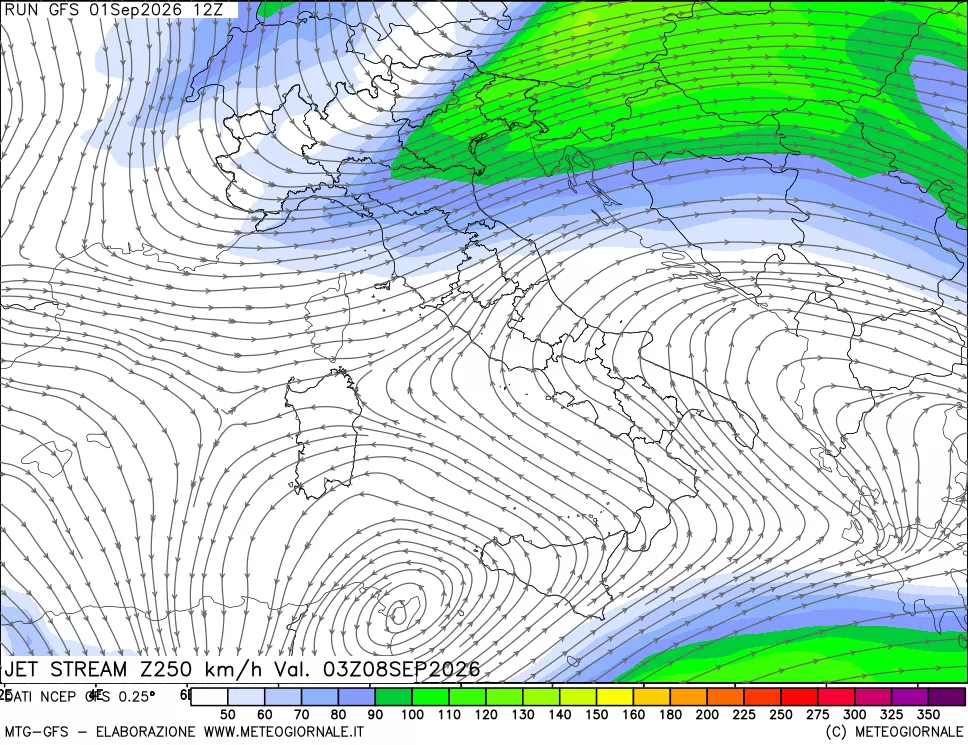 mappa 250 hPa Jet stream