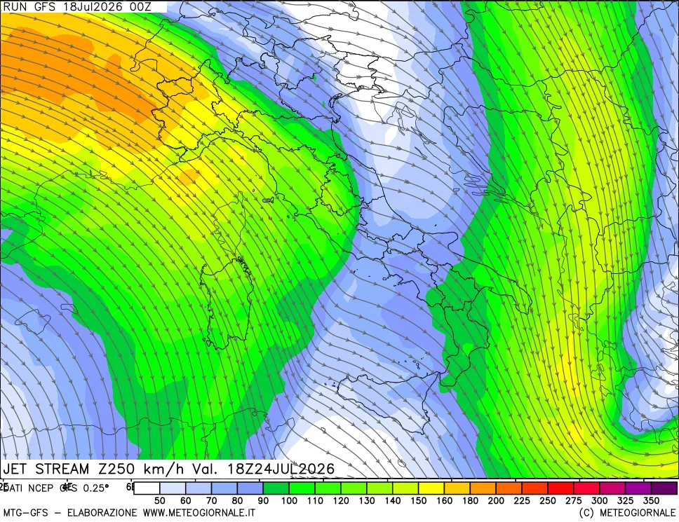 mappa 250 hPa Jet stream