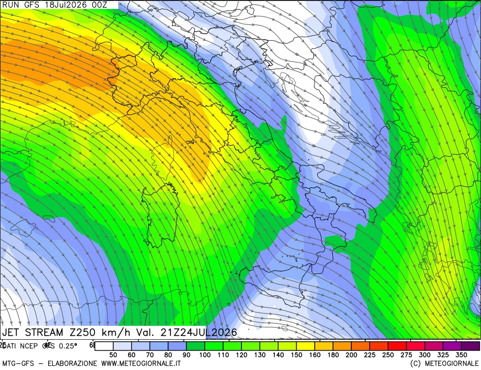 mappa 250 hPa Jet stream