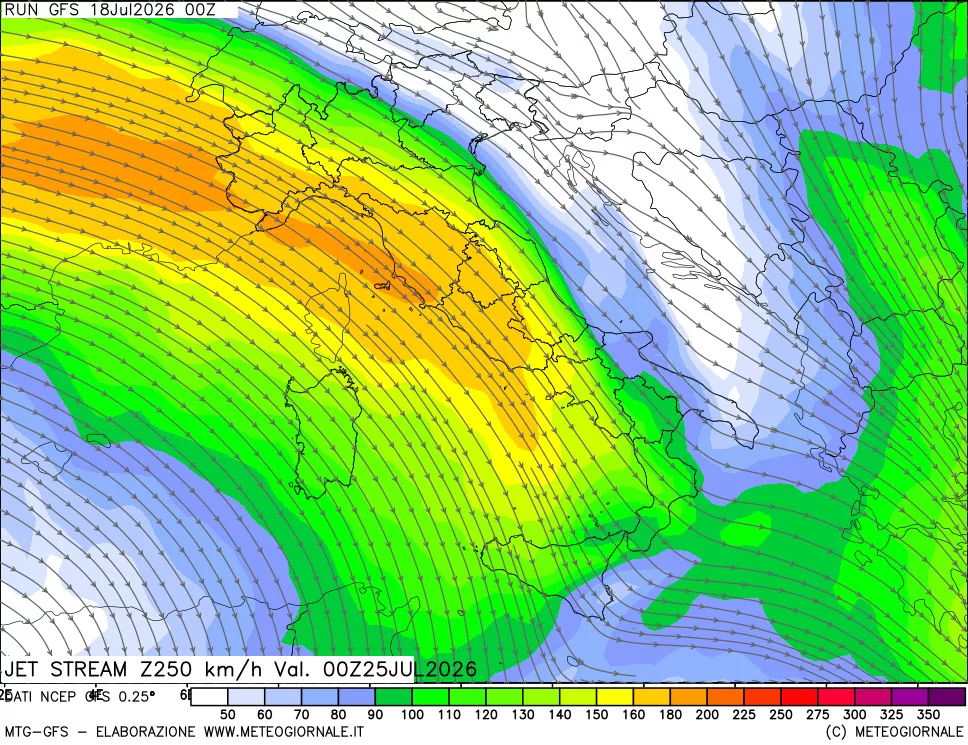 mappa 250 hPa Jet stream