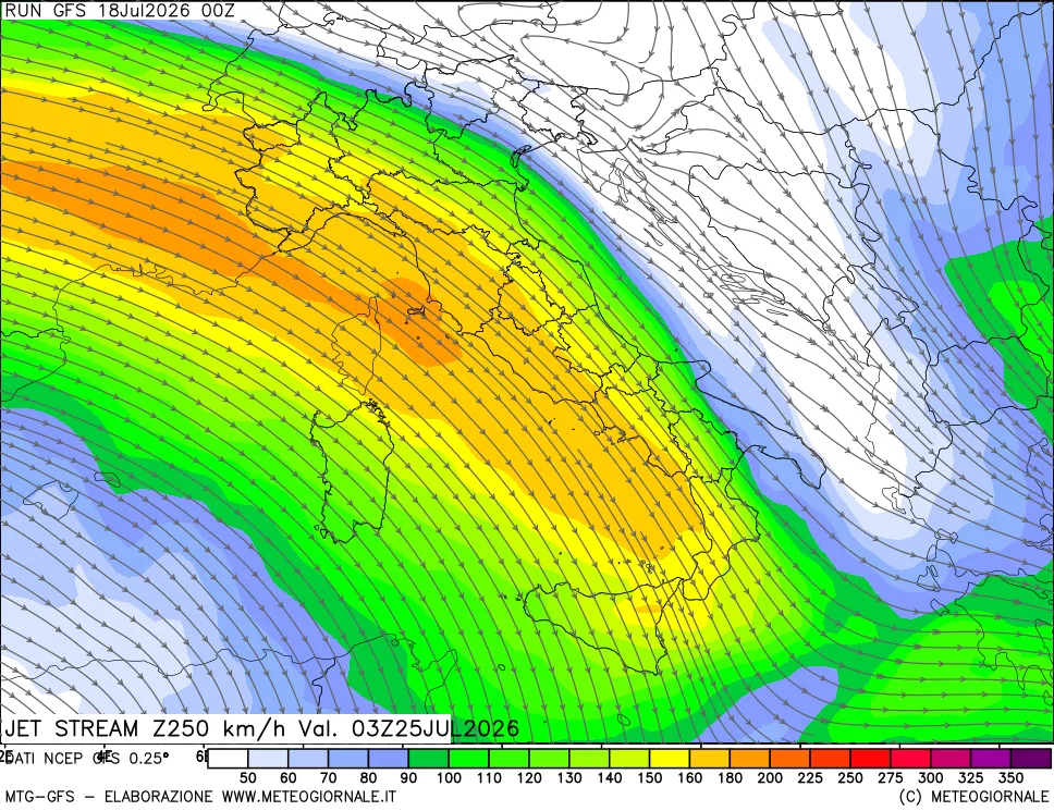 mappa 250 hPa Jet stream