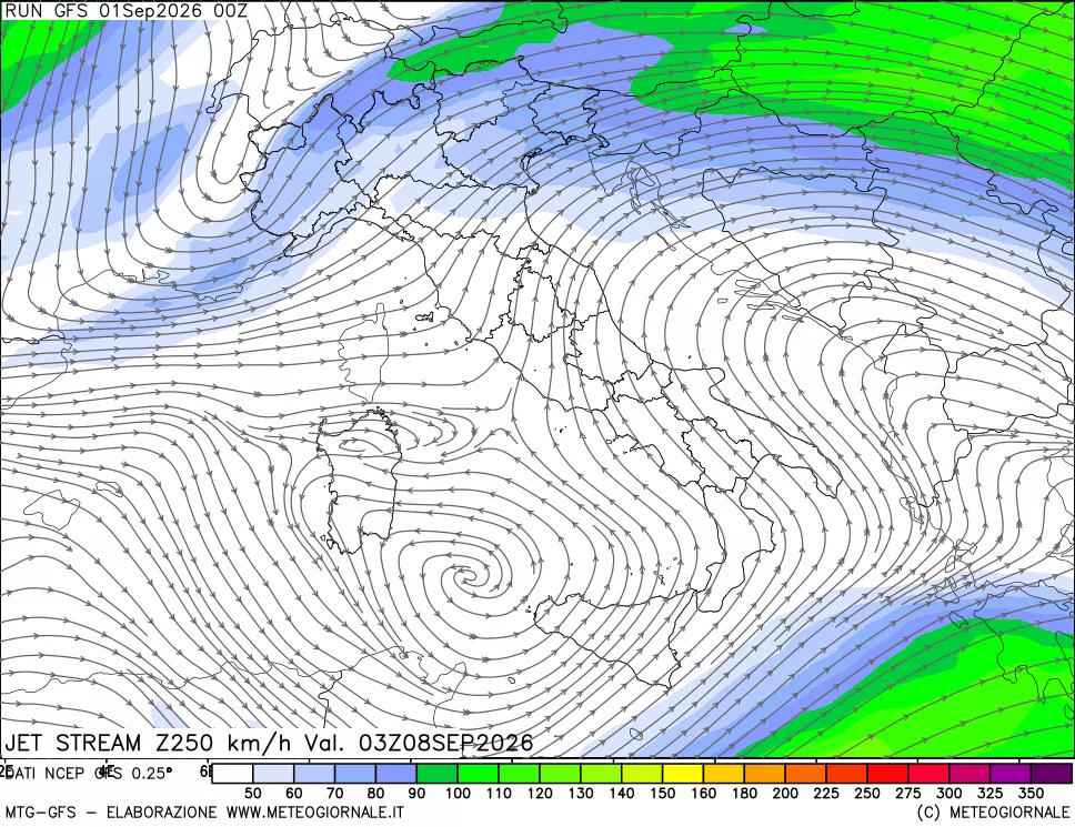 mappa 250 hPa Jet stream