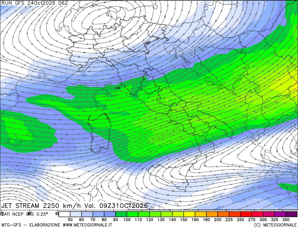mappa 250 hPa Jet stream