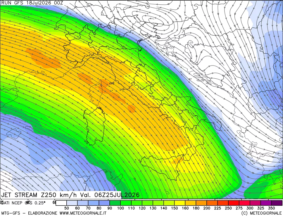 mappa 250 hPa Jet stream