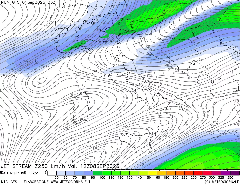 mappa 250 hPa Jet stream