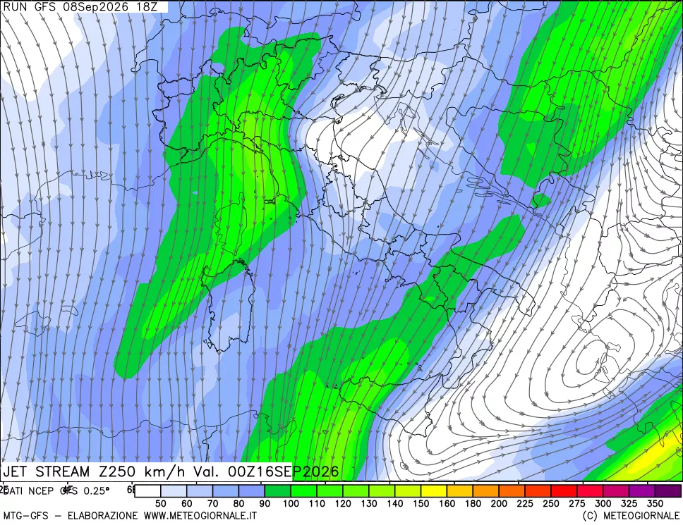 mappa 250 hPa Jet stream