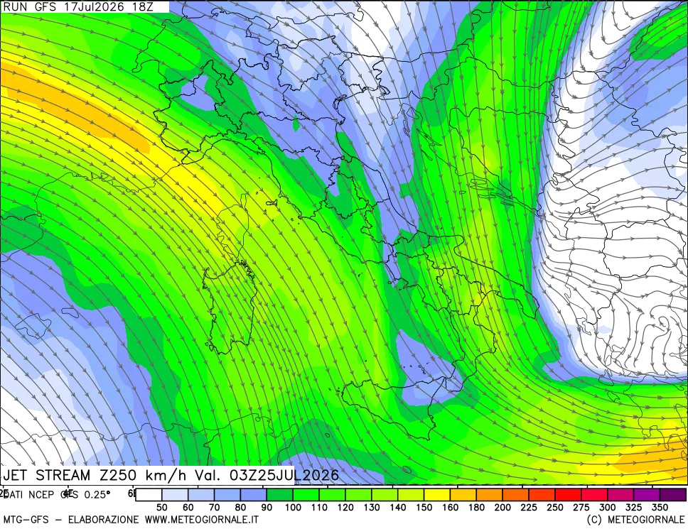 mappa 250 hPa Jet stream