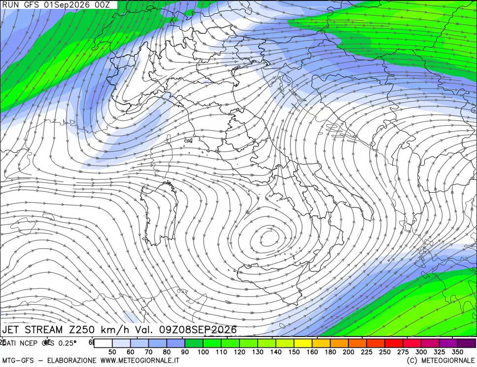 mappa 250 hPa Jet stream