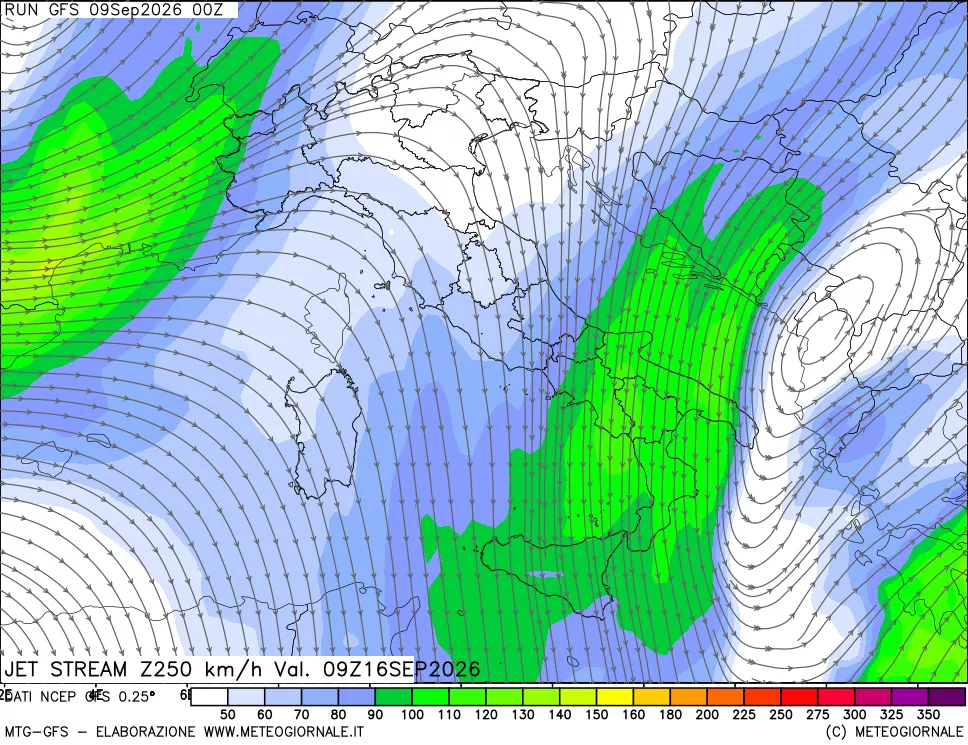 mappa 250 hPa Jet stream