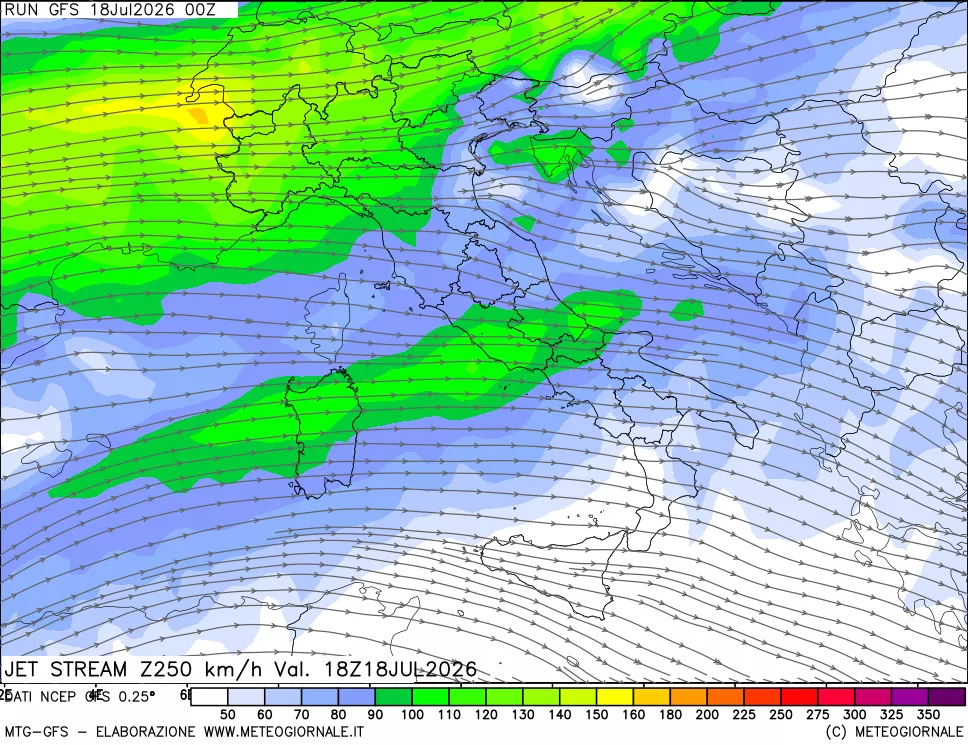 mappa 250 hPa Jet stream