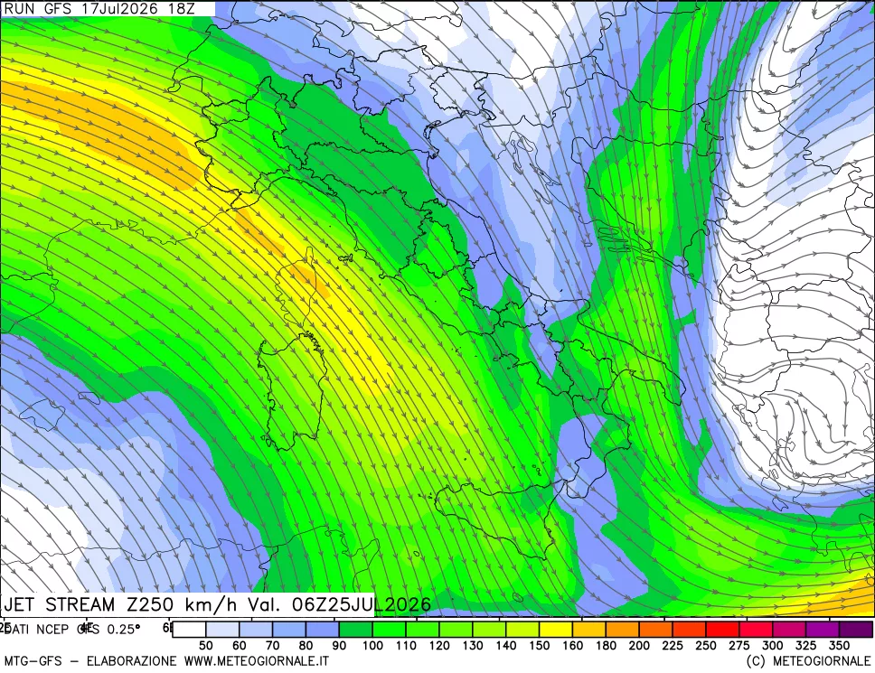 mappa 250 hPa Jet stream