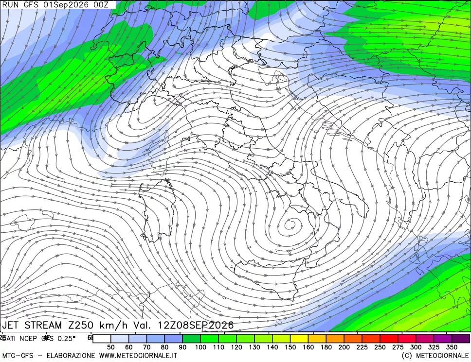 mappa 250 hPa Jet stream