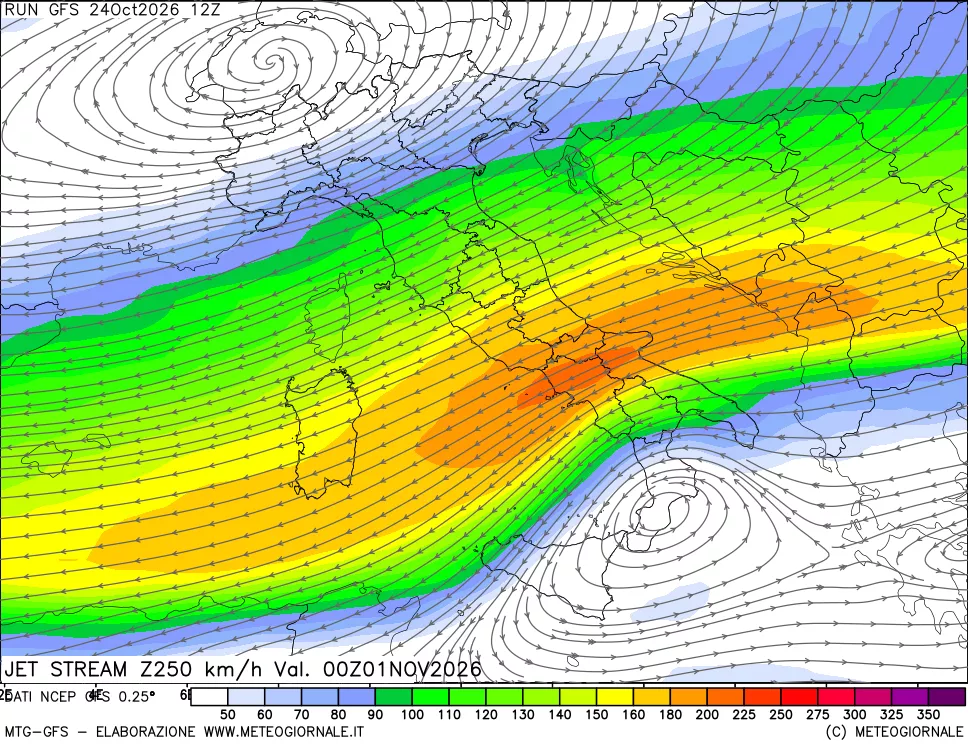 mappa 250 hPa Jet stream