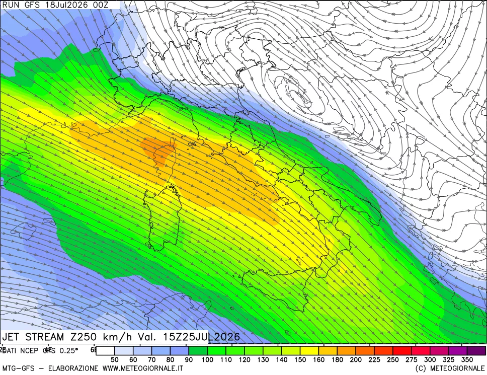 mappa 250 hPa Jet stream