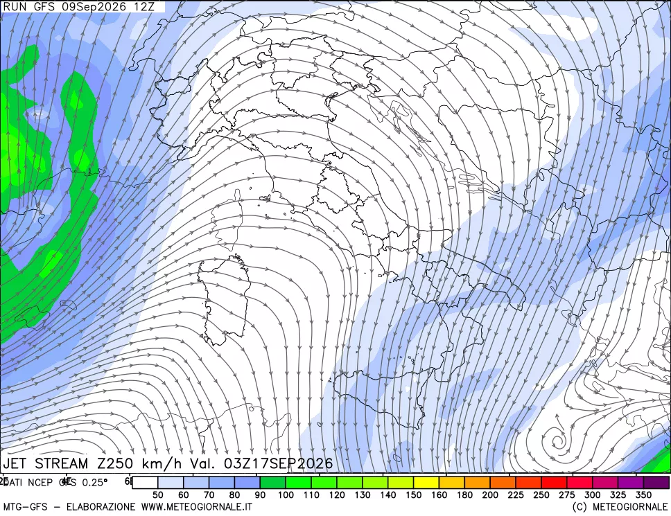 mappa 250 hPa Jet stream