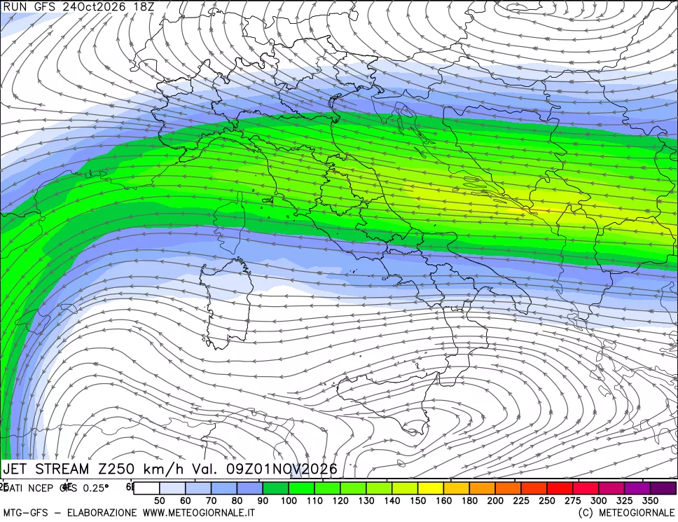 mappa 250 hPa Jet stream