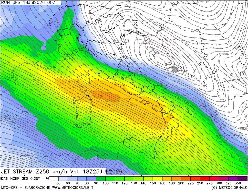 mappa 250 hPa Jet stream