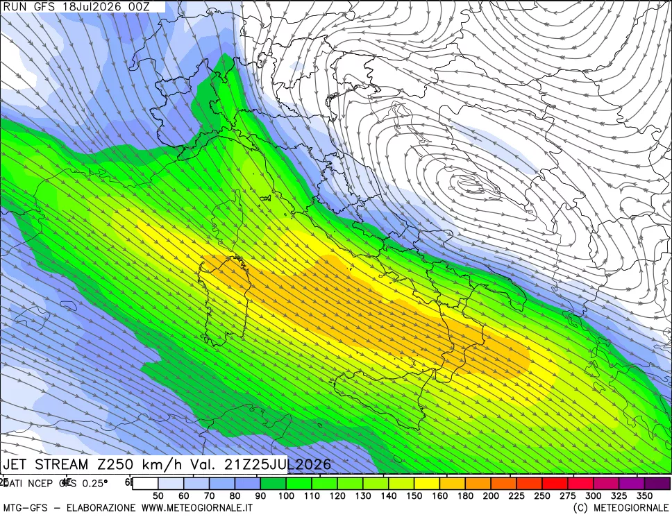 mappa 250 hPa Jet stream