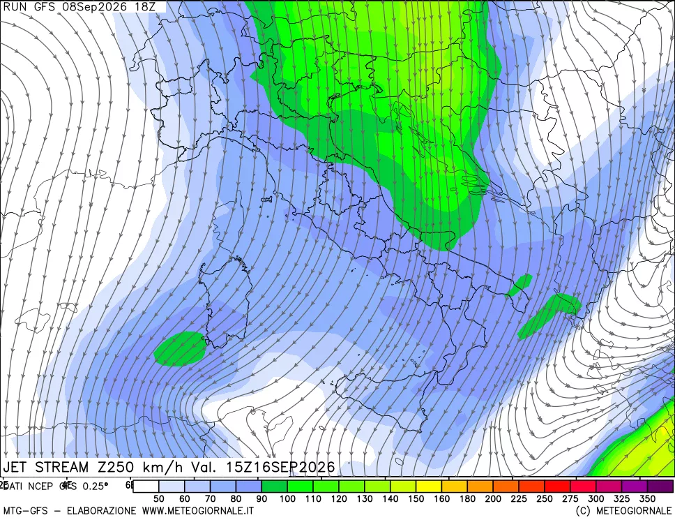 mappa 250 hPa Jet stream