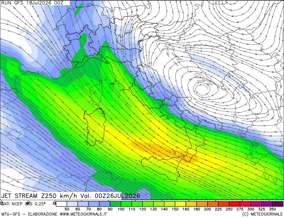 mappa 250 hPa Jet stream